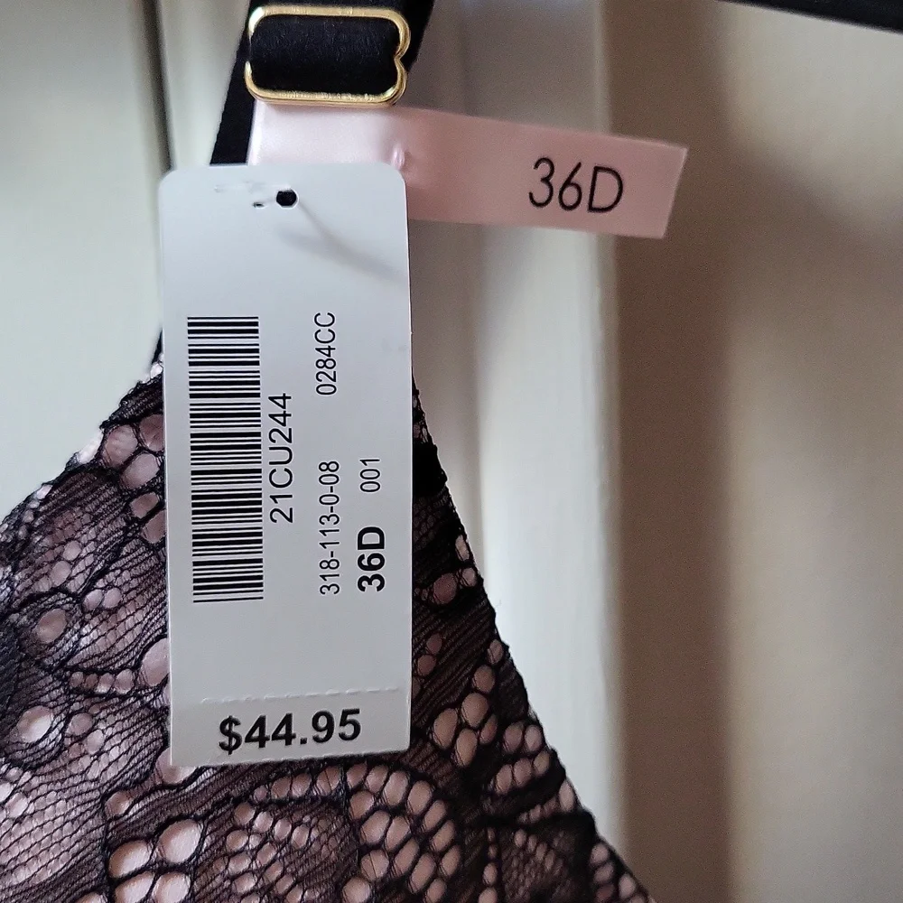 La Vie En Rose Pink and Black Lace Bra, Size 36D, New With Tags - Picture 3 of 8